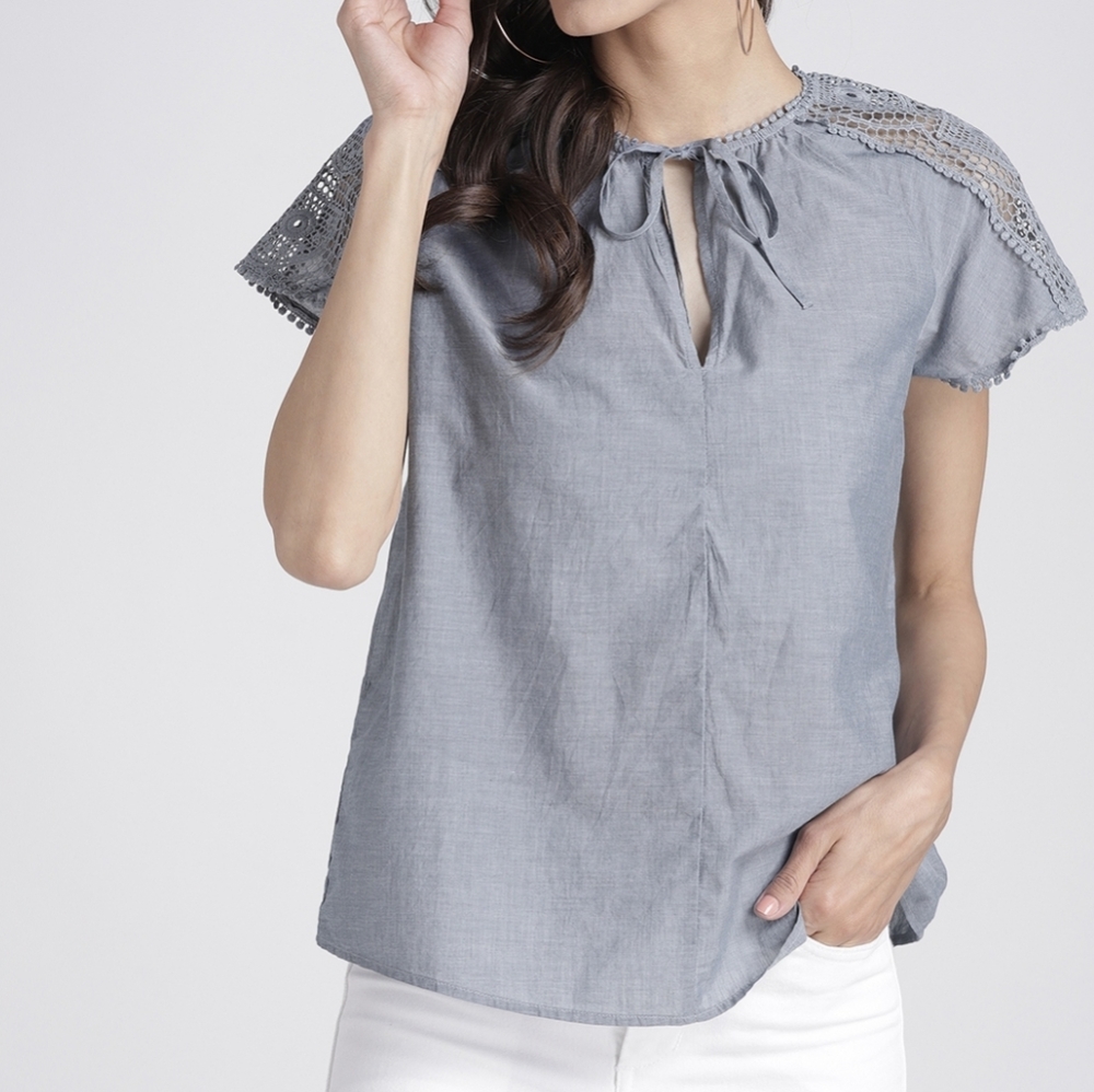 GAP Light Gray Crochet-Yoke Tie Neck Top